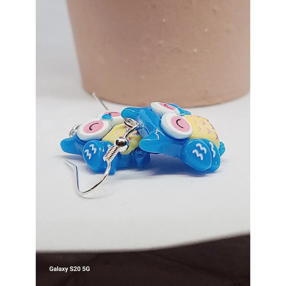 Blue Owl Drop Earrings Whimsical Resin Bird Dangle Silver Tone Hook Jewelry‎